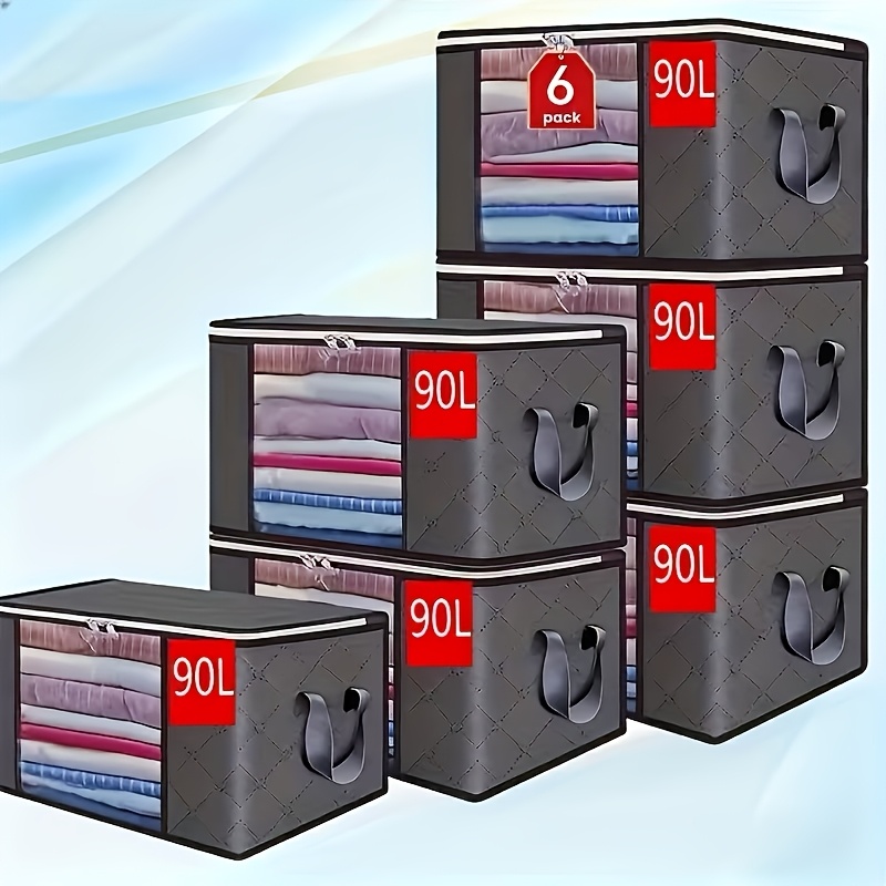 TEMU 6pcs Dyo Heavy-duty Large Storage Bags With Lids & Flip Covers - Foldable Under-bed Organizers Suitable For Bedding, Blankets, Pillows, Portable