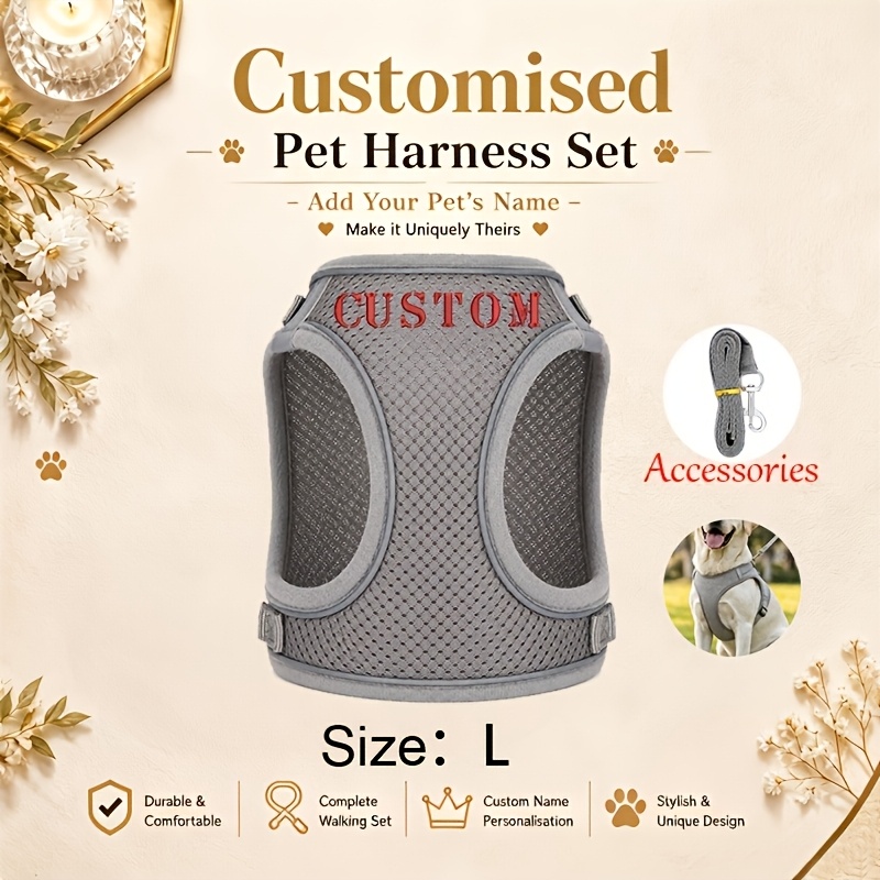 TEMU Personalized Custom Embroidered Name/text Pet Harness & Leash System - Breathable Mesh Vest Suitable For , Adjustable Anti-escape Harness With