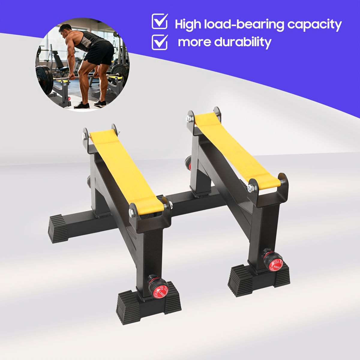 Versatile Barbell Rack Adjustable From 30 To 40 Cm, Featuring A Buffer Frame For Deadlifts, With Each Rack Supporting A Load Of 300 Kg, Designed In Yellow And Black