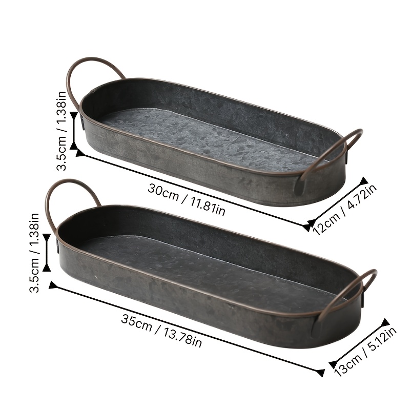 TEMU Set Of 2 Long Rectangular Iron Trays With Handles, Industrial-style Decorative Trays, Storage Trays For Photography Props, Candle Display Trays