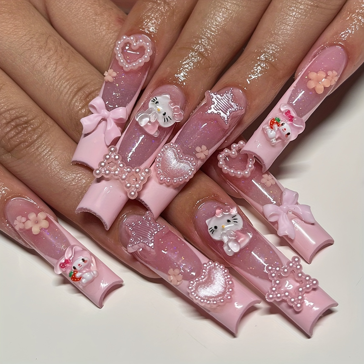 24pcs Long Square Water Pipe Nails Spring/summer Y2k 3d Cute Cartoon Hello Kitty/my Melody Pink French Edge Full Cover Fake Nail Stickers Set For Women & S