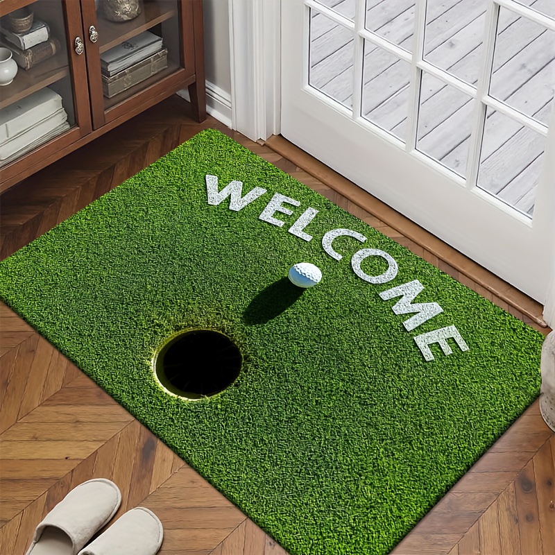 TEMU Flannel   1cm Thick Sponge Material Funny Door Mat | With White "welcome" Text Surrounding Golf Ball Above Hole, Simple Composition, Style.