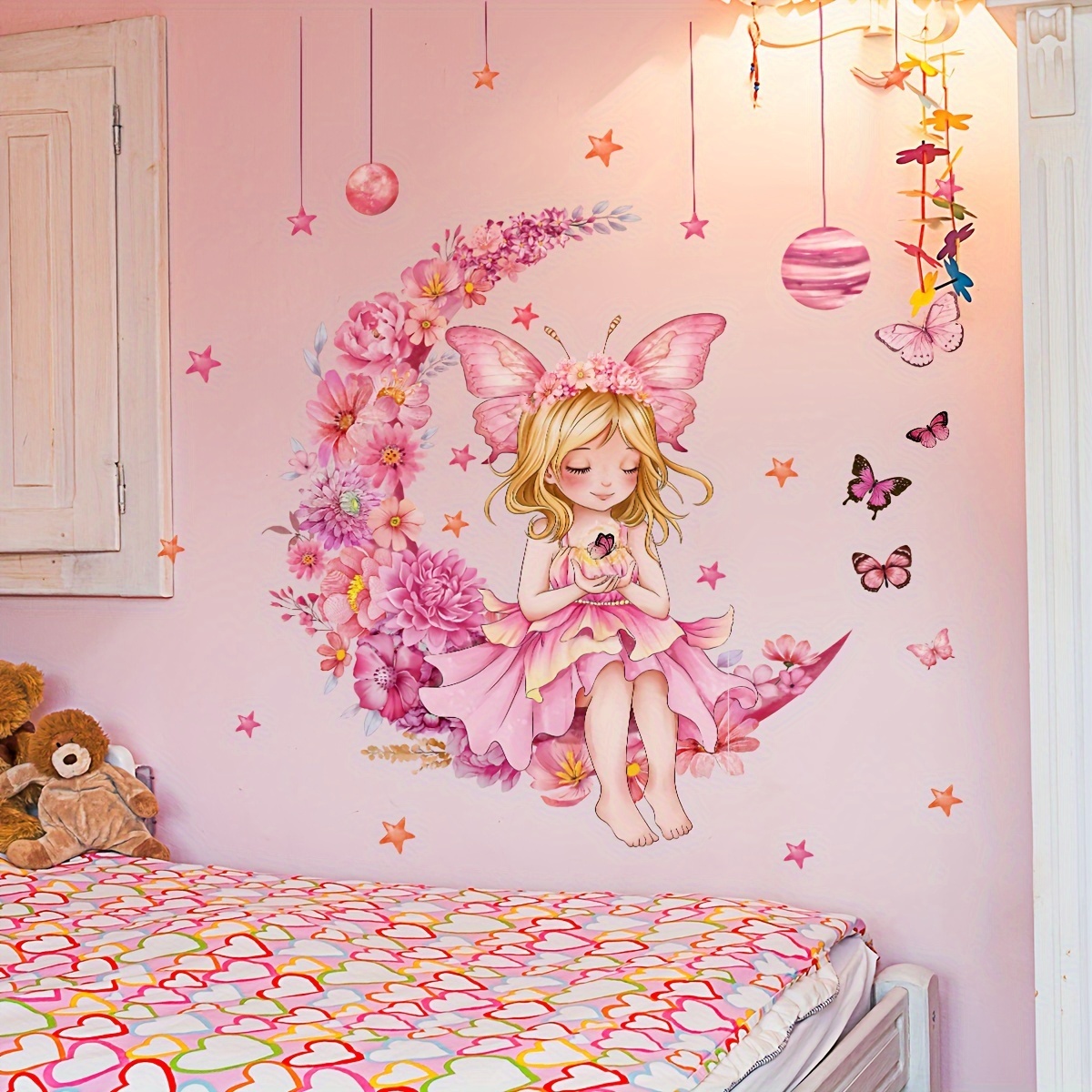 

A Set Of 2pcs 30*90cm*2pcs Moon Butterfly Elf Flower Butterfly Wall Stickers For Living Room Bedroom Room Background Wall Stickers Ms3200-yl