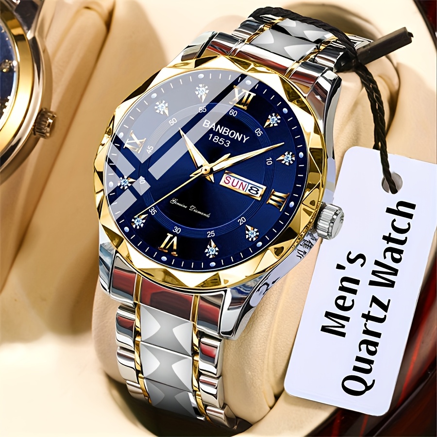 New Stainless Steel Men'S Quartz Watch with Roman Numerals, Rhinestone Dial