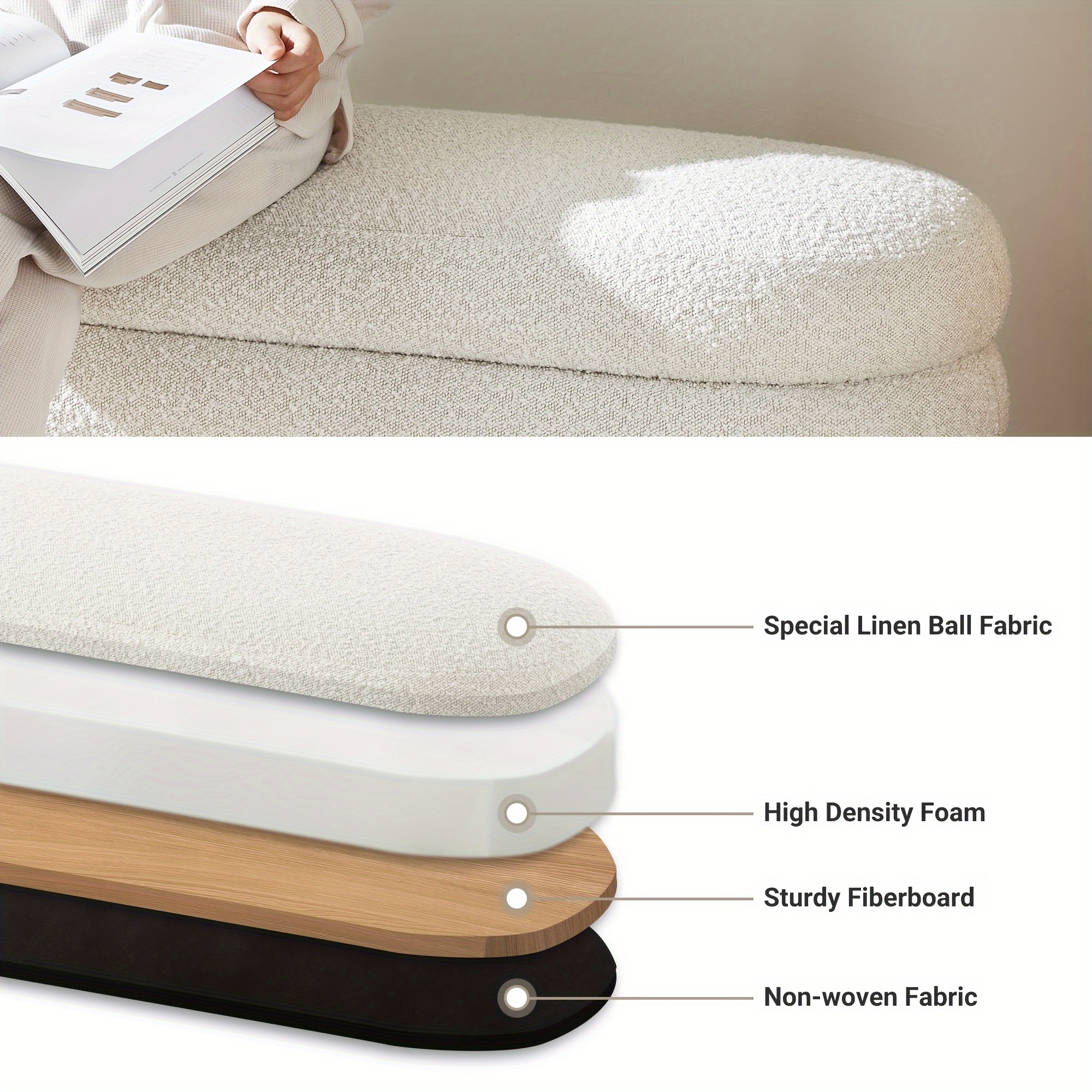 Storage Ottoman Bench 49.2 Inch Upholstered Fabric Storage Bench for Bedroom End of Bed Aesthetic Large Oval Storage Ottoman for Living Room Entryway