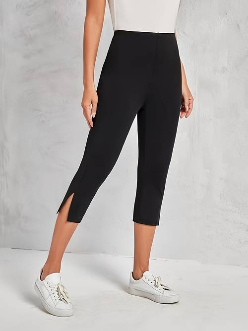 womens fashion black high waist slit capri pants