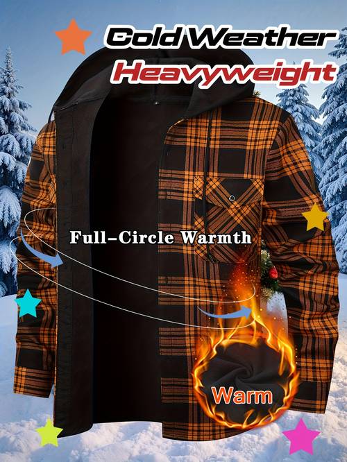 mens fleece lined hooded flannel shirt thickened casual warm breathable workwear everyday jacket