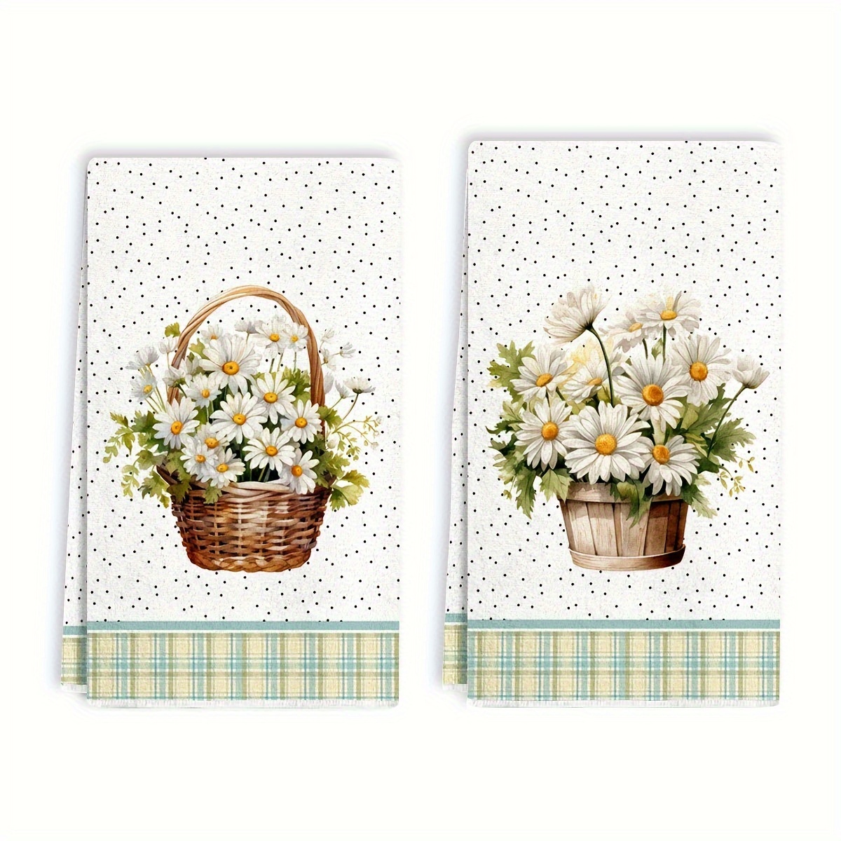 

2pcs, Hand Towels, Cute Daisy Flowers Green Plaid Pattern Dish Towels, Superfine Fiber, Absorbent Kitchen Tea Towels, Decorative Dish Drying & Cleaning Cloth For Kitchen & Bathroom