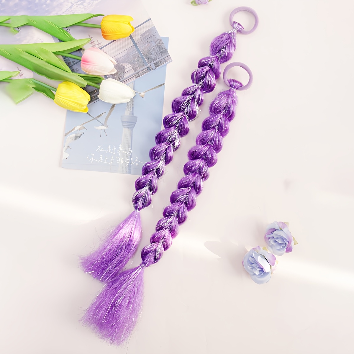 E-shop Modische lila glänzende geflochtene Pferdeschwanz-Perücke, Dreadlock-Stil Haarbändchen-Kopfschmuck, 2 Stück 14 Zoll/1 Stück 20 Zoll in