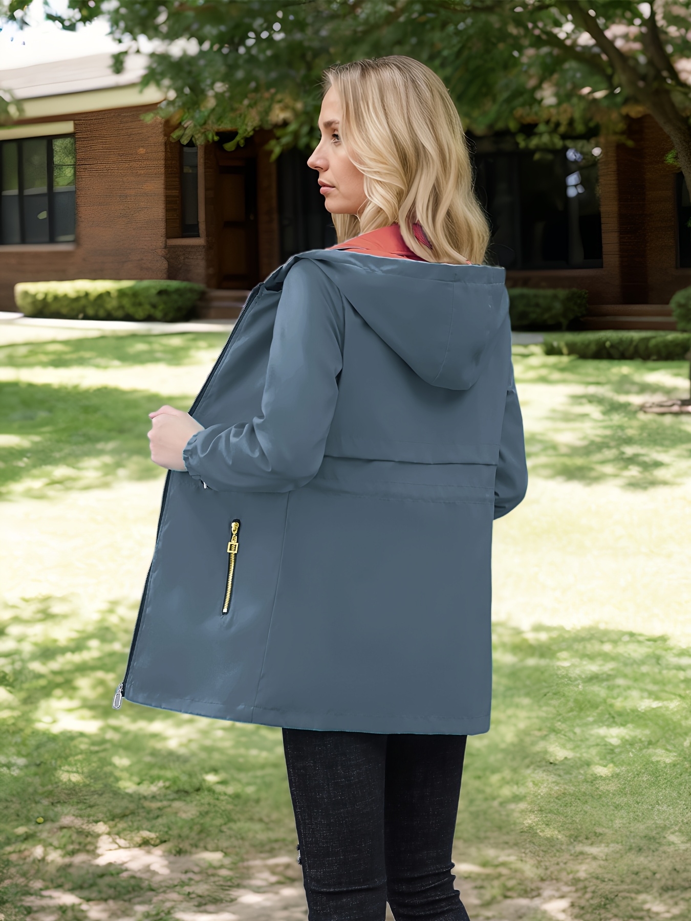 2024 new womens hooded windbreaker jacket   length casual coat with adjustable drawstring waist zipper closure button details solid color for   outdoor wear nonstretch fabric details 6