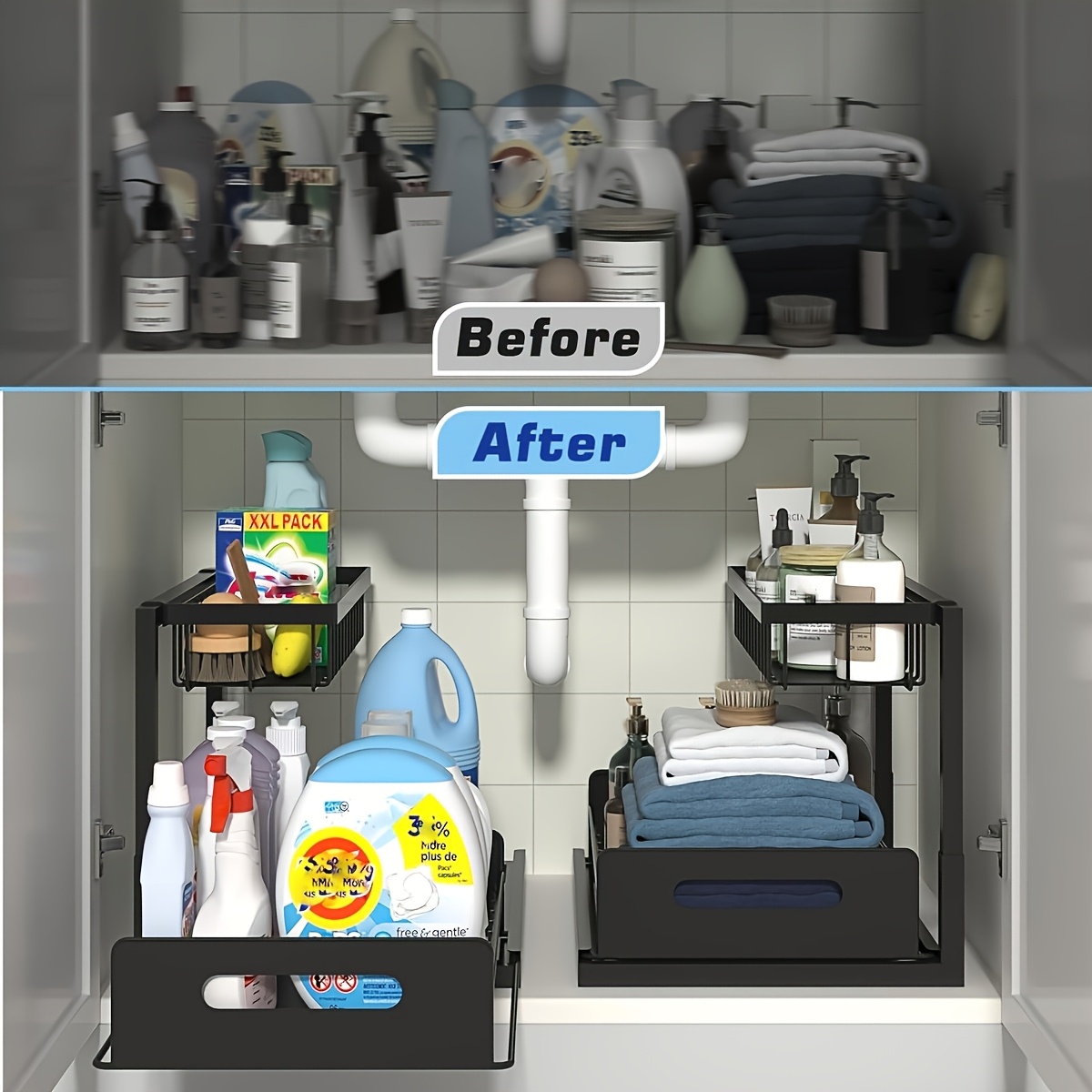 2pcs set kitchen storage rack sink sorting and storage lower sink sorting sliding pull out cabinet sorting rack metal sliding drawer for kitchen bathroom refrigerator cabinet organization rack simple and practical kitchen details 2