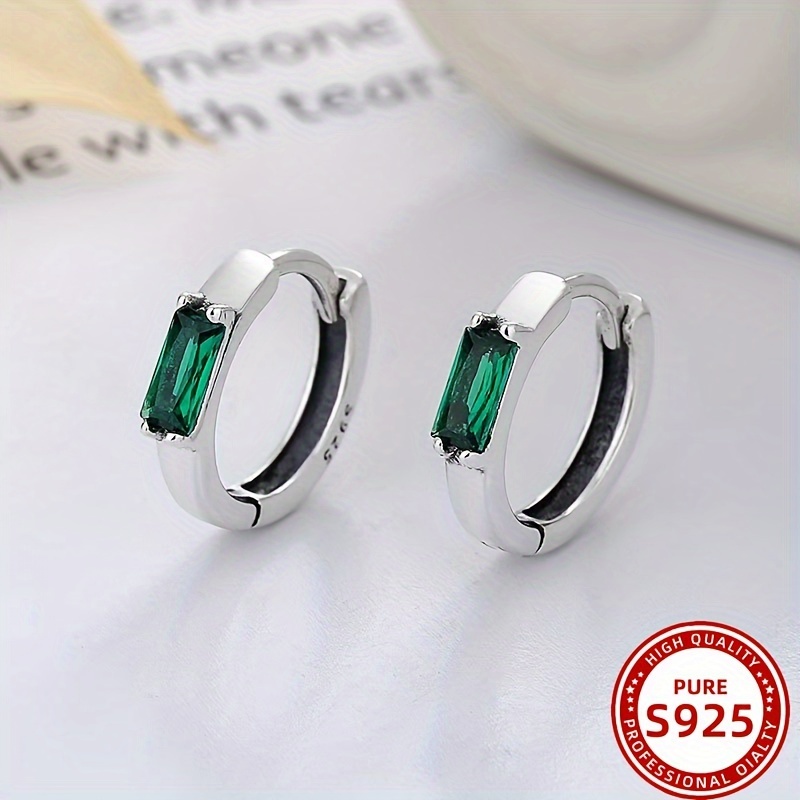 

S925 Sterling Silver Minimalist Elegant Green Zirconia Hoop Earrings, Vintage Versatile Jewelry Gifts For Women