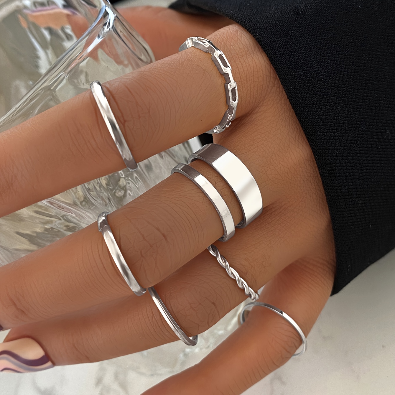 

7-piece Set Elegant Simple Double Layer Twisted Wide Band Ladies Fashion Ring Set For Vacation Party Date Daily Wear, Elegant And Minimalist Style