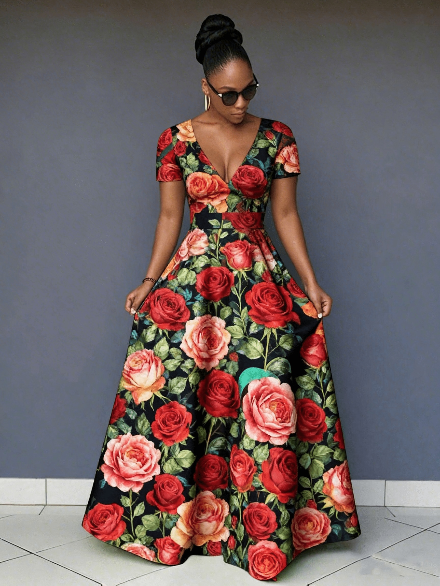 red dresses with roses sold on Temu United States