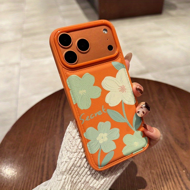 TEMU Phone Case - Autumn And Winter Minimalist Green Flower Faux Leather Texture Anti-fall Phone Case, Fashionable, Lightweight And High-quality, The
