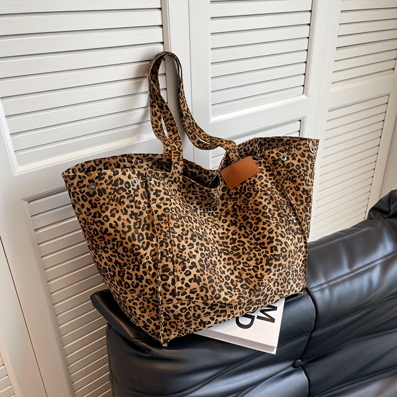 

Large Leopard Print Canvas Tote Bag, Fashionable Oversized Shoulder Bag, Stylish Commuter Travel Carryall
