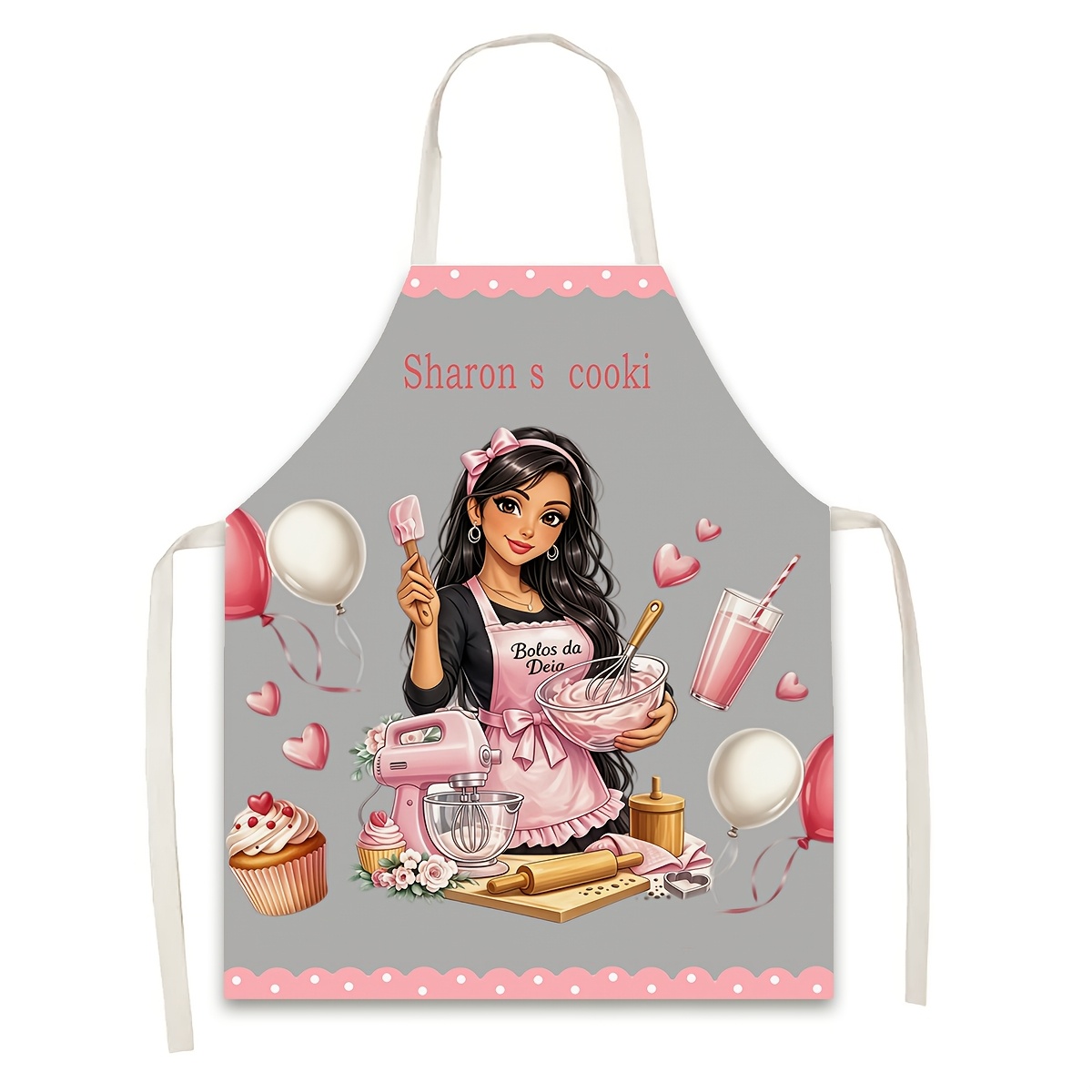 TEMU (customizable) 1pc, Customizable Name/slogan Kitchen Restaurant Apron, Balloon Heart Pattern Print, Work Apron, Painting Craft Cooking Baking