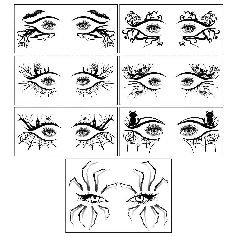 TEMU 7 Sheets Halloween Temporary Tattoo Stickers, Black And White Pumpkin Makeup Tattoo Stickers, Unisex Face Tattoos Waterproof Sweatproof