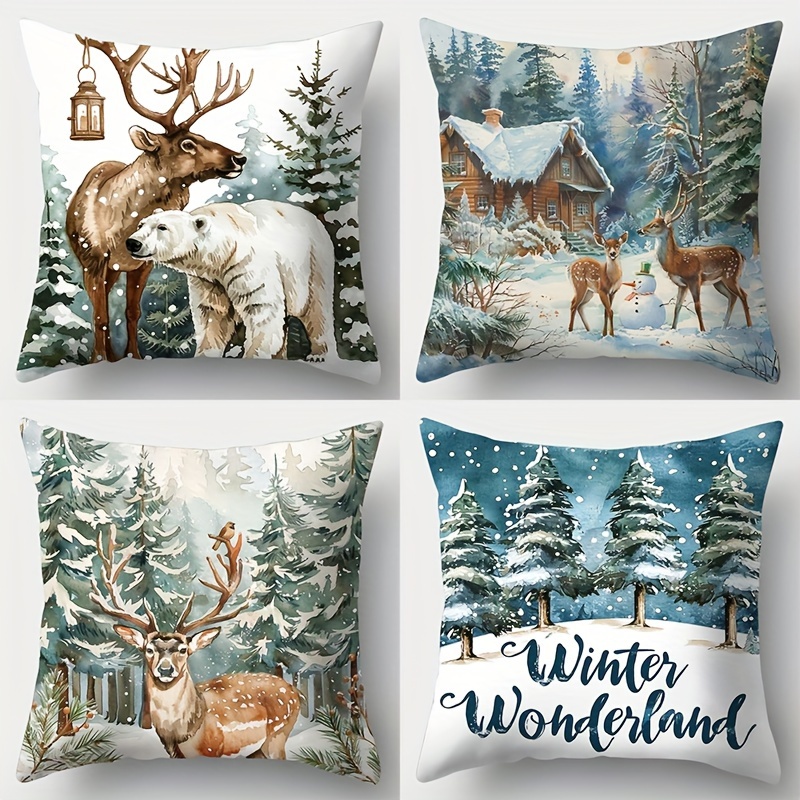 

4pcs Christmas Pillow Covers - Winter & , 17.7"x17.7", Soft Polyester, Zippered, Ideal For Sofa & Bed Holiday Decor (inserts Not Included), Christmas Throw Pillow Covers