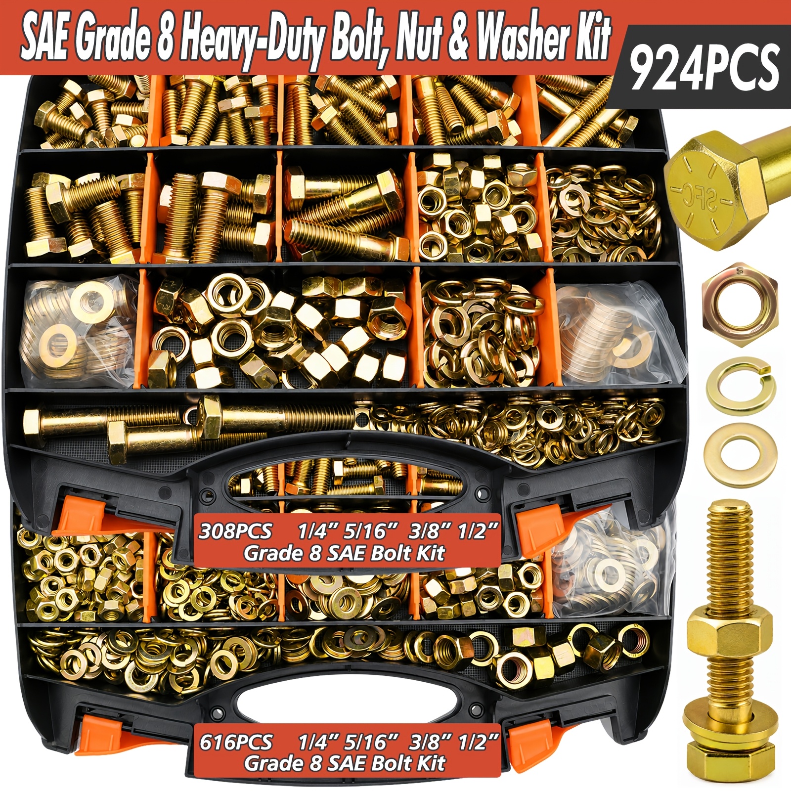 TEMU 924pcs Grade 8 And Nut Assortment, Sizes 1/4, 5/16-18, 3/8-16, And 1/2-13; Heavy-duty Sae Hex , Nut, And Washer Assortment, Alloy Steel Hardware