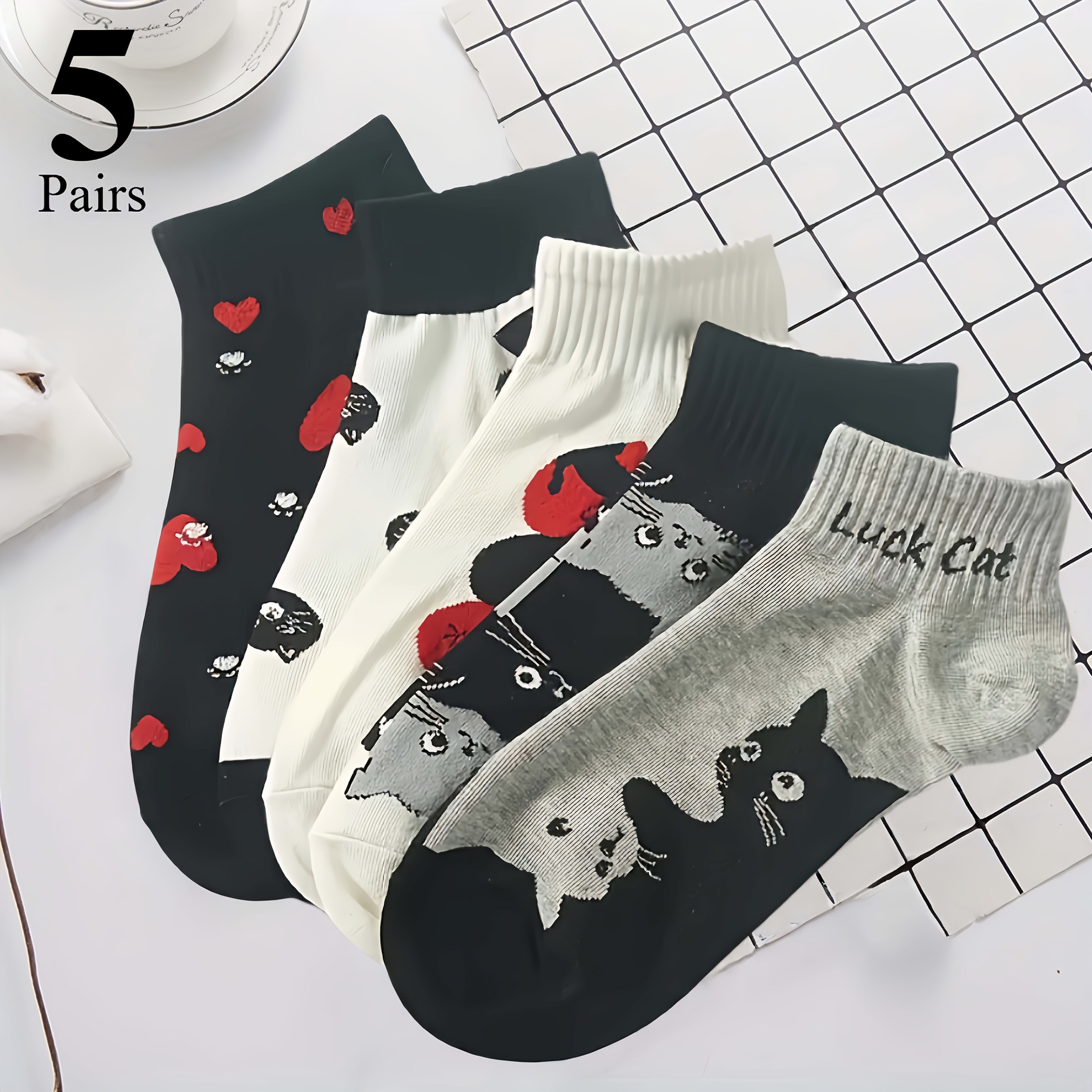 TEMU 5-pair Unisex Spring/summer Cartoon Cute Cat Short Socks, Comfortable And Breathable, Versatile For Daily Wear, Available In Multiple Colors, A