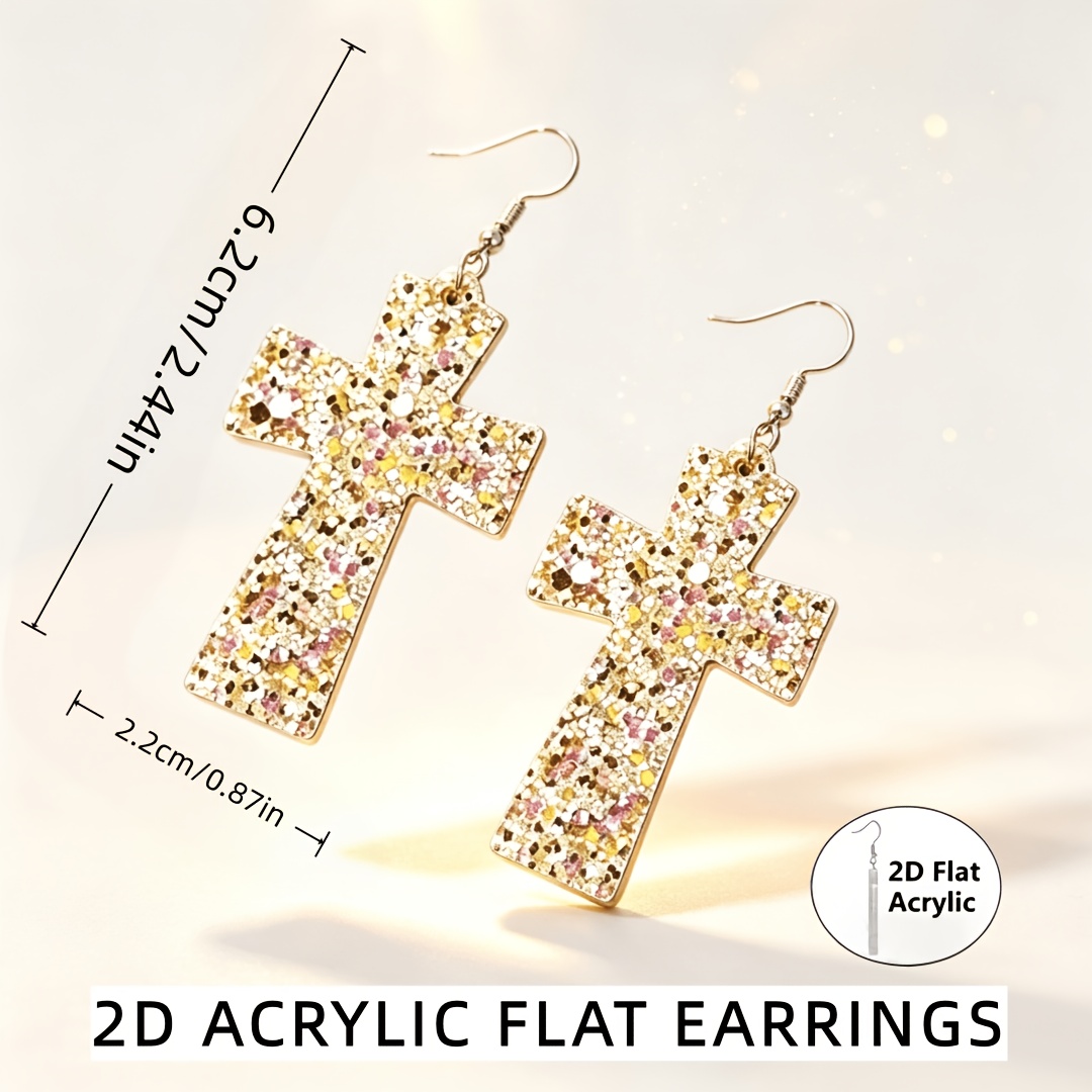 Glitter Sequins Cross Acrylic Dangle Drop Earrings