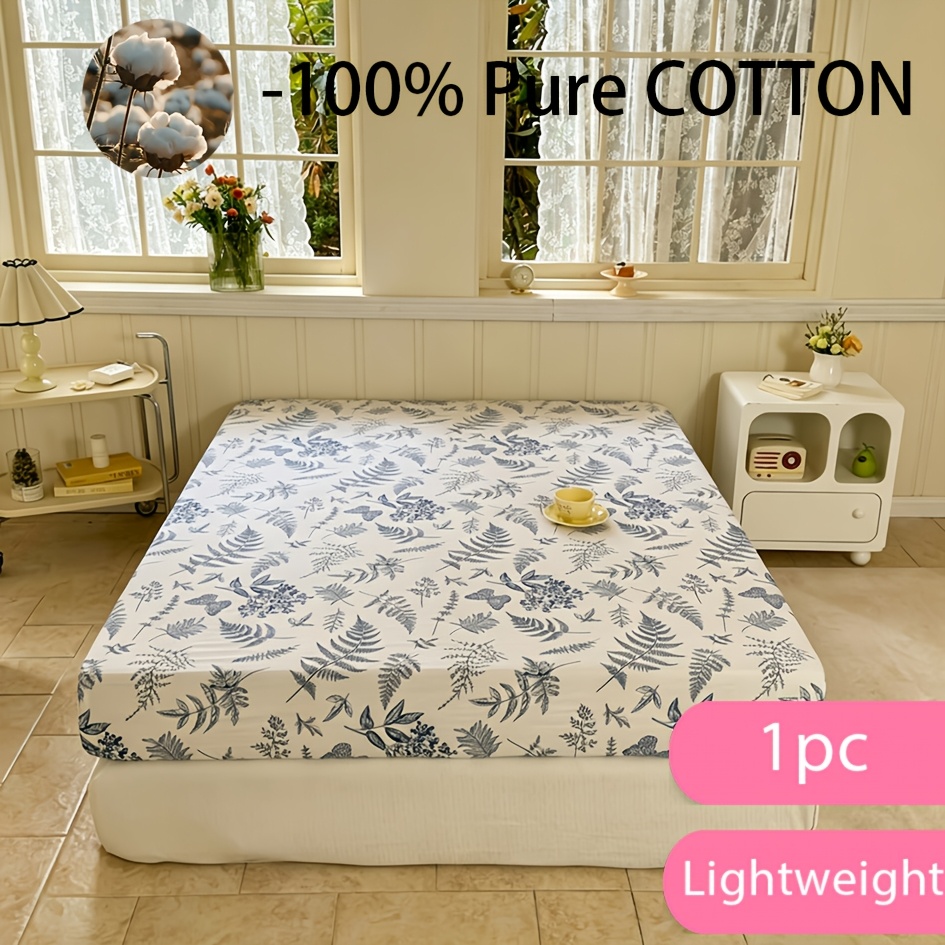 1pc 100% Floral Cotton Fitted Sheet Bed Sheet, Breathable Mattress Protector For Bedroom And Dorm - Machine Washable Bedding With Elastic Corners - No Pillowcase Included