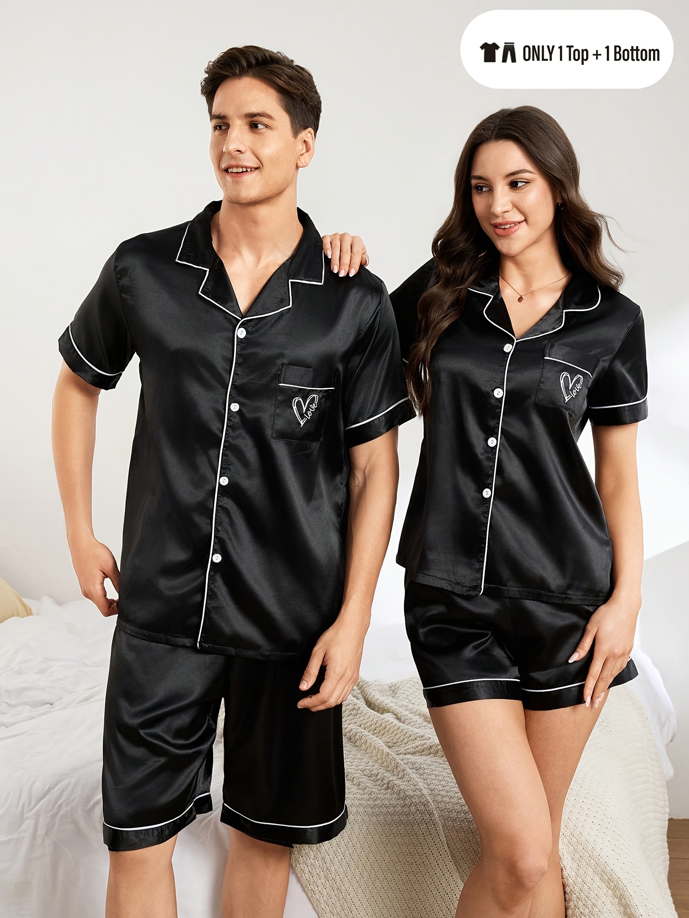 Single Set MEN/WOMEN Romantic Valentine's Day Couple's Style Heart Letter Print Y Cardigan Button-Up Short Sleeve Top + Shorts for Men or Women