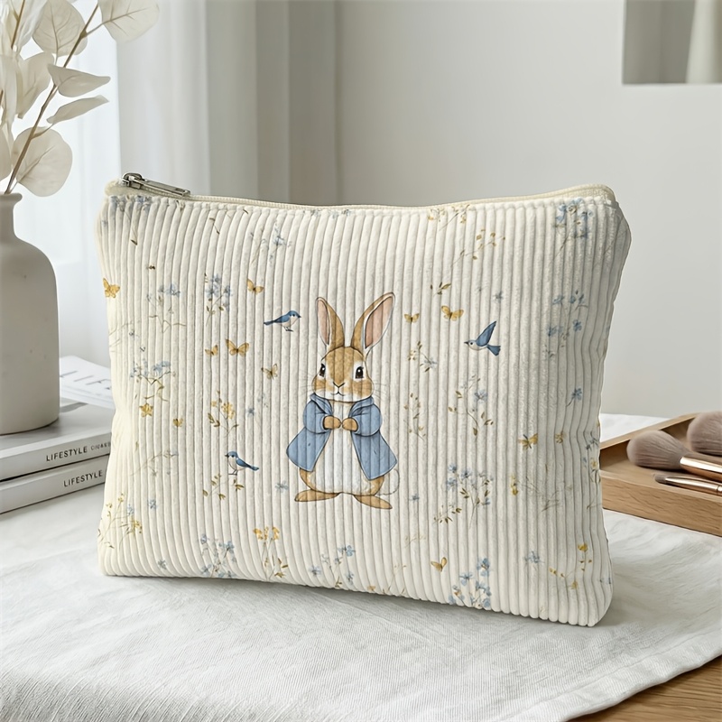TEMU 1pc, Makeup Bag, Bunny Floral Pattern 2d Printed Soft Corduroy Material With Smooth Zipper|storage For Cosmetics/jewelry/small Items|holiday