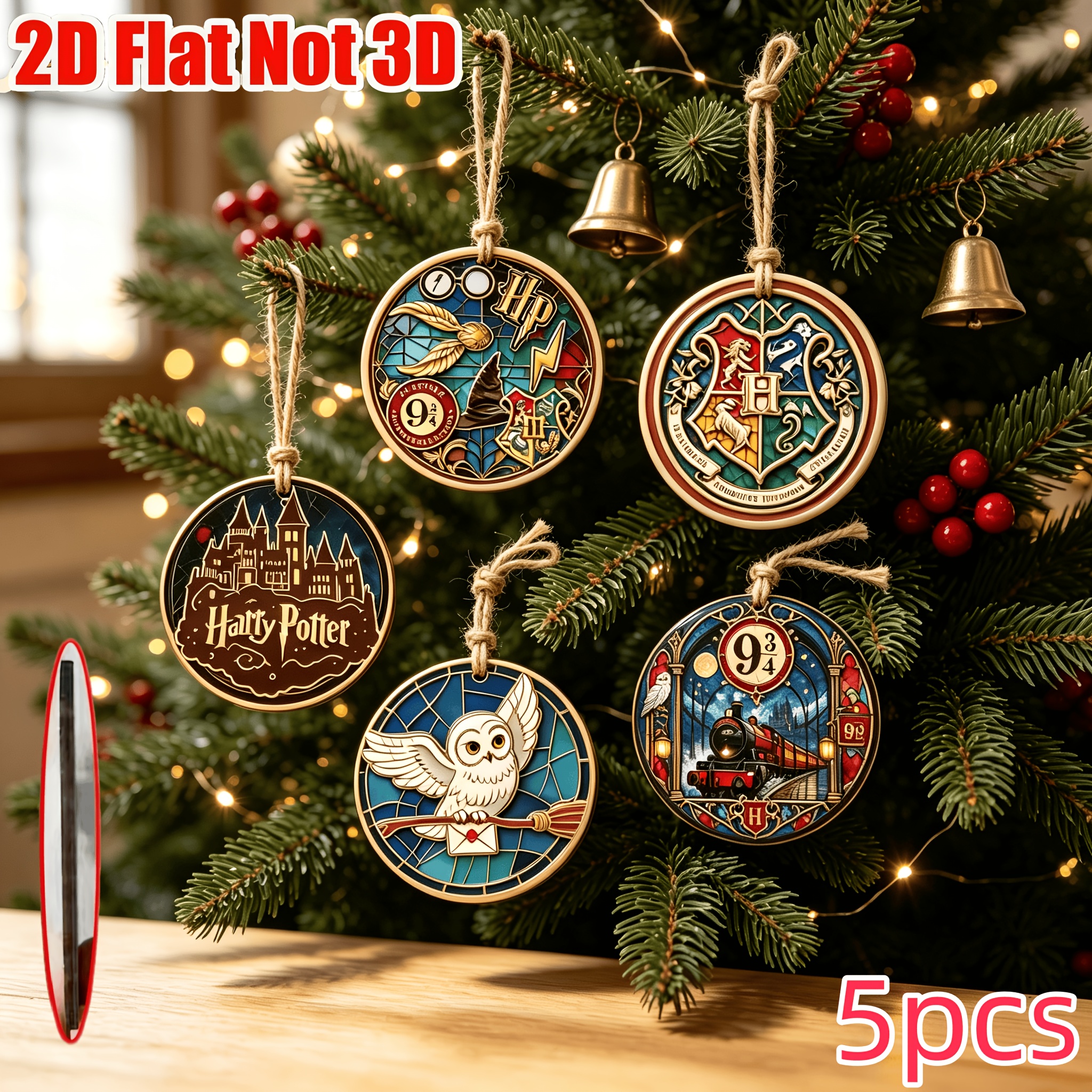 TEMU 2d Flat, 2d Harry Potter Style Themed Wooden Christmas Ornaments, 5pcs Set With Ropes, Decorating Christmas Trees, Doors, And Windows - An Ideal