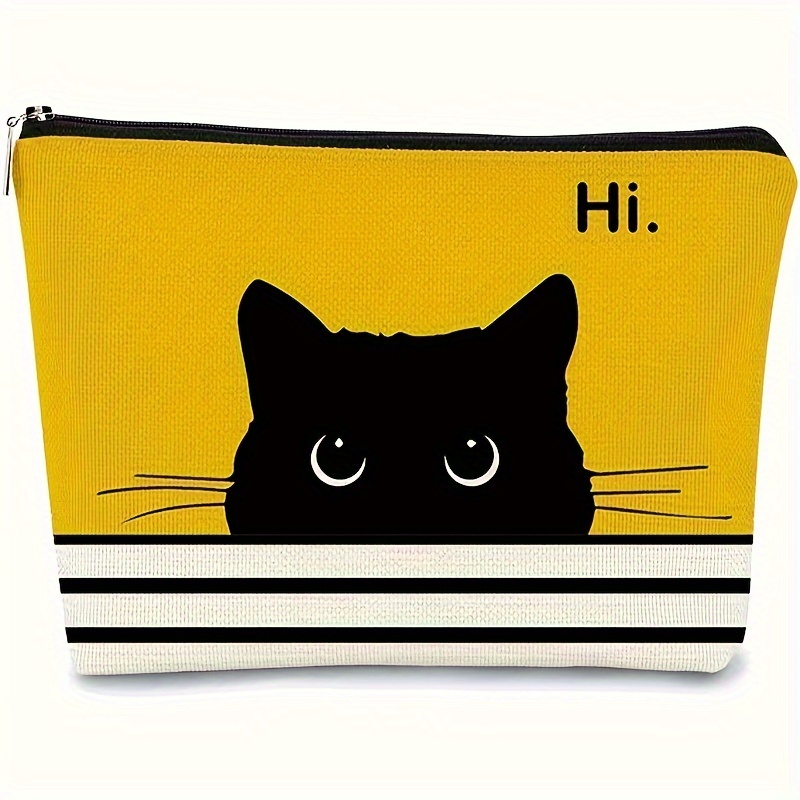 TEMU 1pc, Large Cute Black Cat Makeup Bag With White Eyes And 'hi' Text - Mustard Yellow And White Striped Cosmetic Pouch, Made Of Durable Fabric For