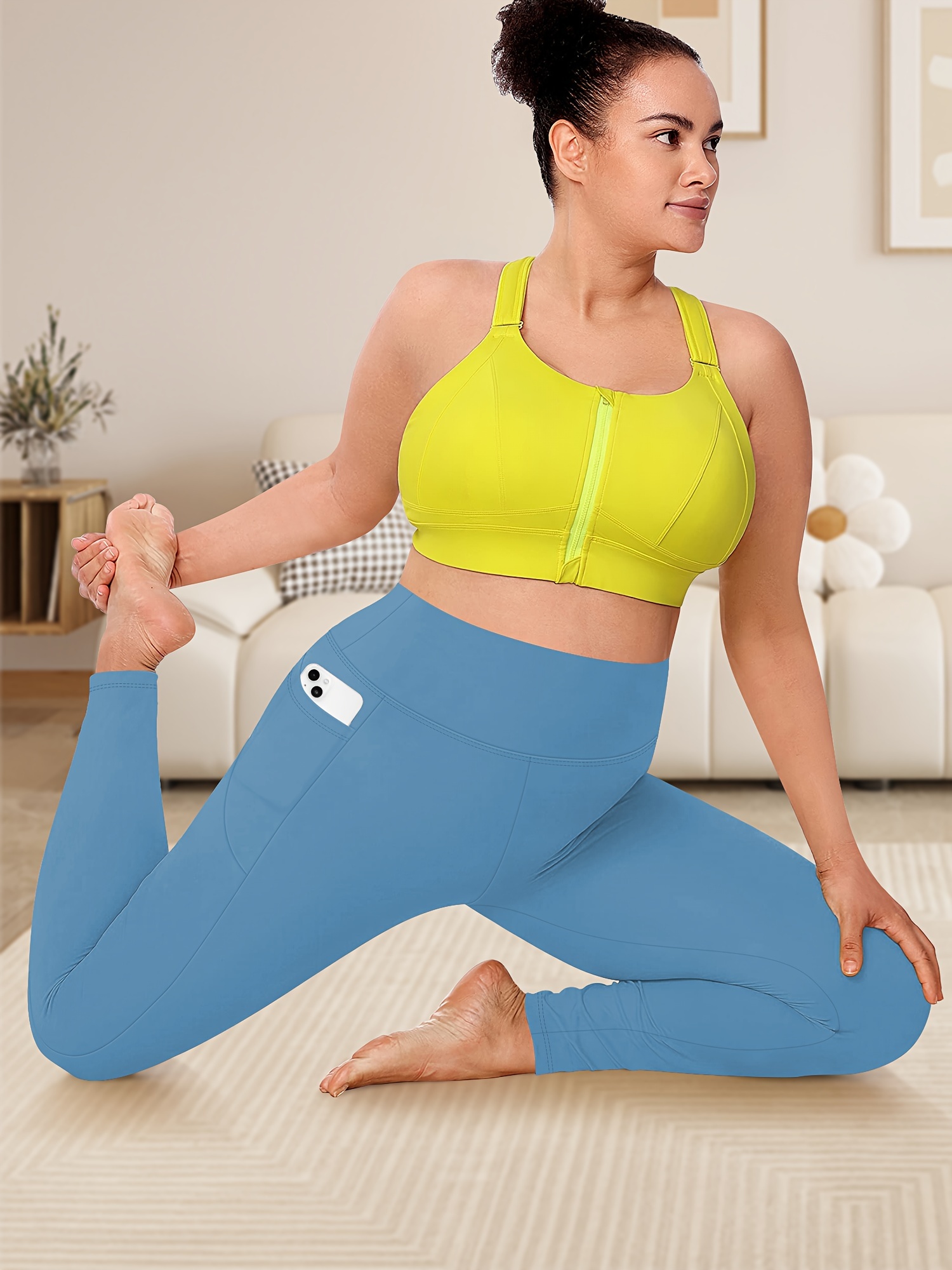 Women'S Plus Size High Waist Tummy Control Leggings with Side Pockets, 88% Polyester 12% Elastane, Knit Fabric, Stretchy Cropped Yoga Pants for Running & Fitness, All Season Solid Color Athletic Skinny Pants