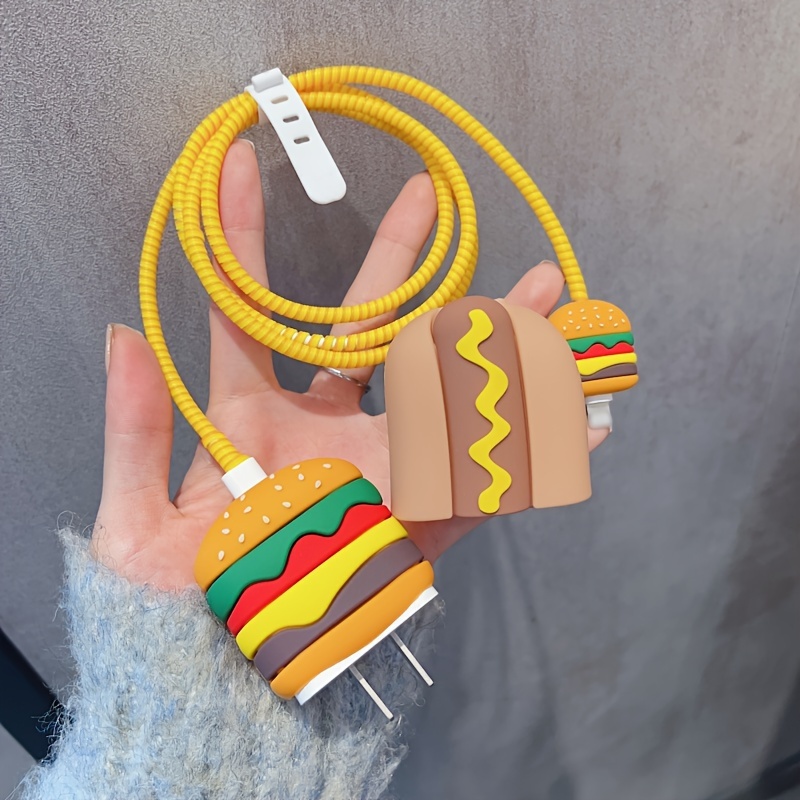 

4pcs Hamburger Design Suitable For Phone Charger Head Protection Case For 4 Data Cable Anti Break Protection For Ipad Charging Plug Protection Case