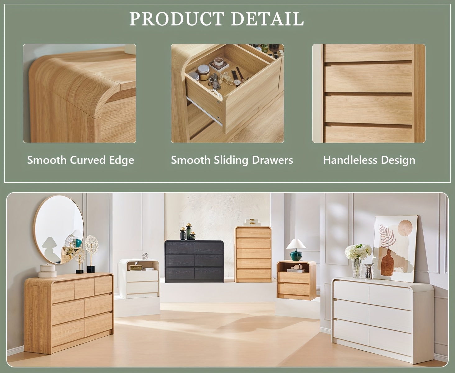 Modern Bedroom Drawer Dresser, Curved Profile Design Drawer Cabinet, Wooden Mid-Century Style Storage Dresser, for Bedroom And Living Room, Natural Oak