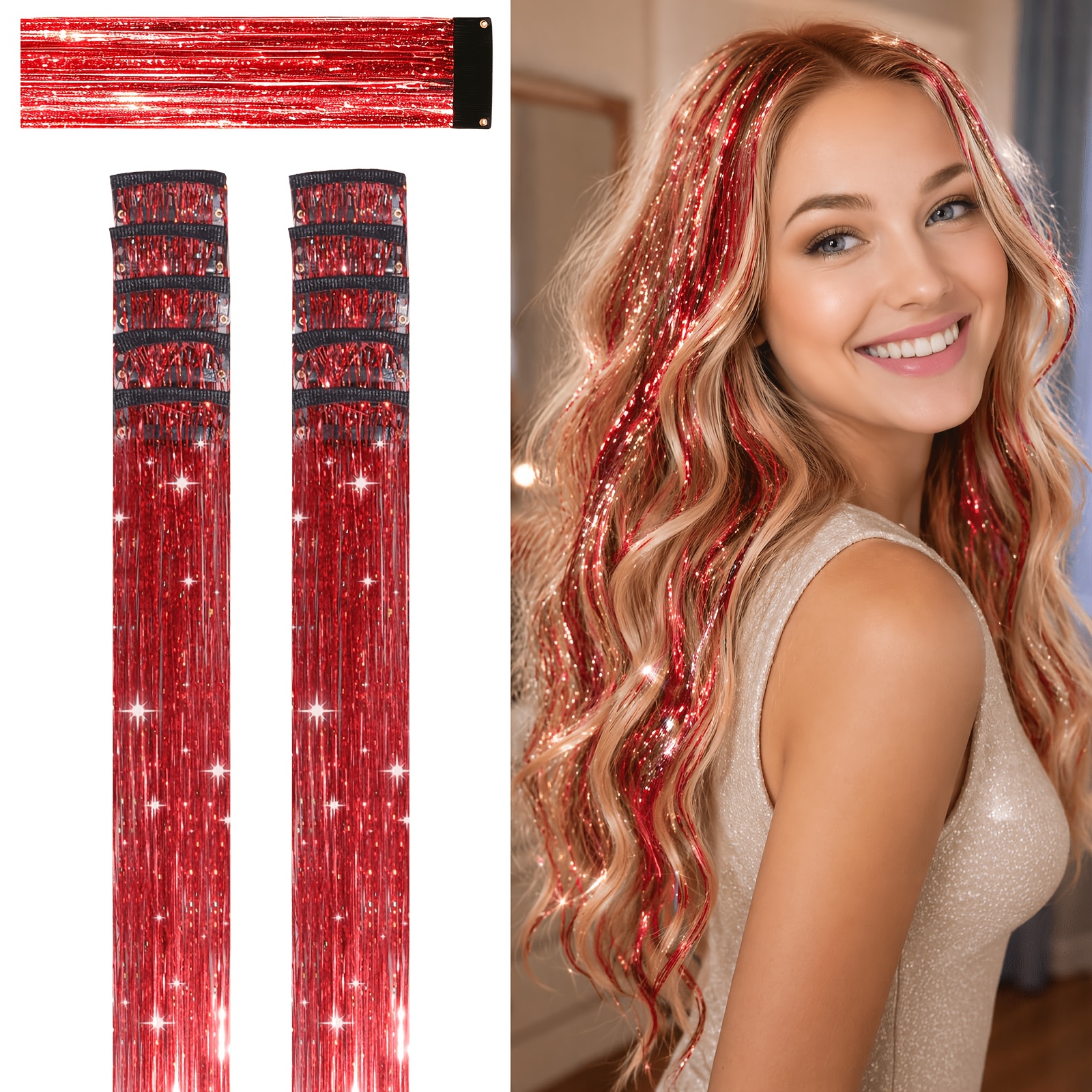TEMU 10 rote Haar-Lametta-Clip-Ins, 61 cm (24 Zoll), 80 Strähnen, Haarnadel-Lametta-Haarverlängerungen, geeignet für den täglichen Gebrauch, Partys,
