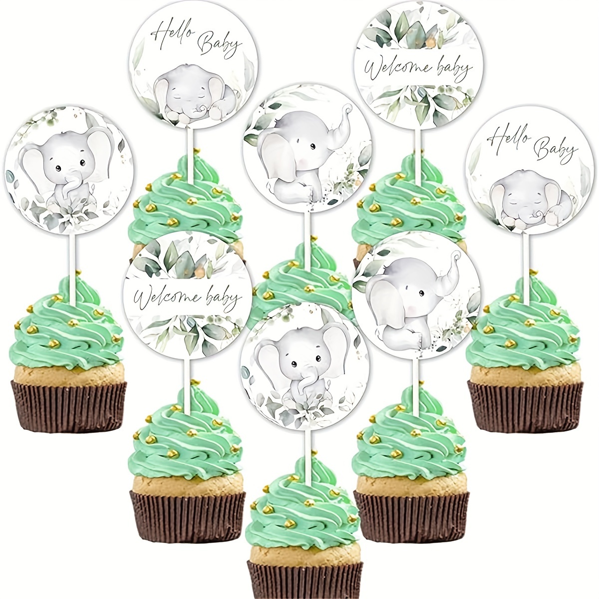 

24pcs, Elephant Theme Cupcake Toppers Greenery Elephant Birthday Party Decorations Sage Green Gender Neutral Animal Elephant Welcome New Family Members Cupcake Table Decorations