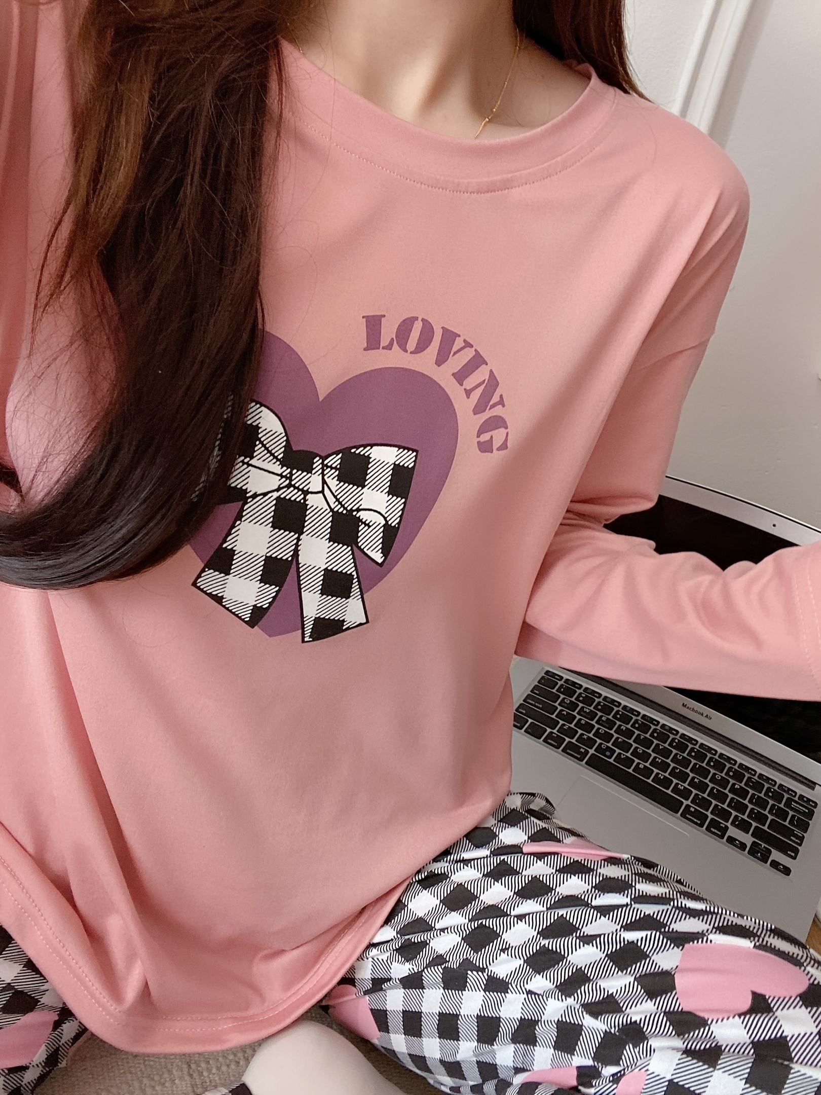 PJ Salvage Women's 'Bless Your Heart' Pullover Top - Grey Peach Knit With Pink Tie-Dye Hearts