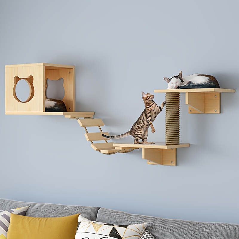

Deluxe Solid Wood Cat Wall Furniture Set - Includes Condo, 2 Shelves, Scratching Post & Bridge Ladder For Small Cats