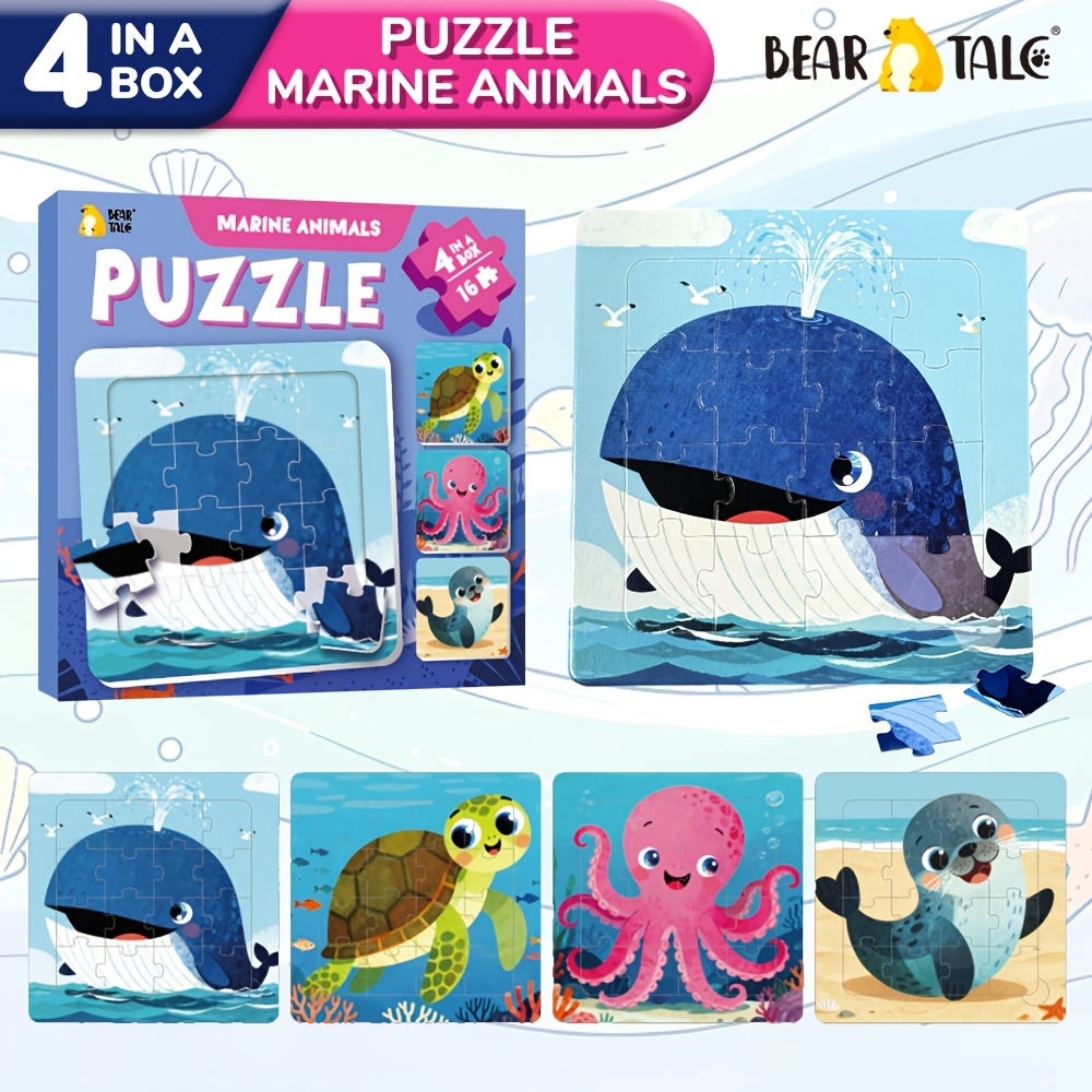 TEMU 64pcs 4-in-1 Farm Animals, Ocean Animals, Land Animals Themed Cardboard Jigsaw Puzzle With Baseboard, Featuring Cute And Colorful Cartoon Whale,