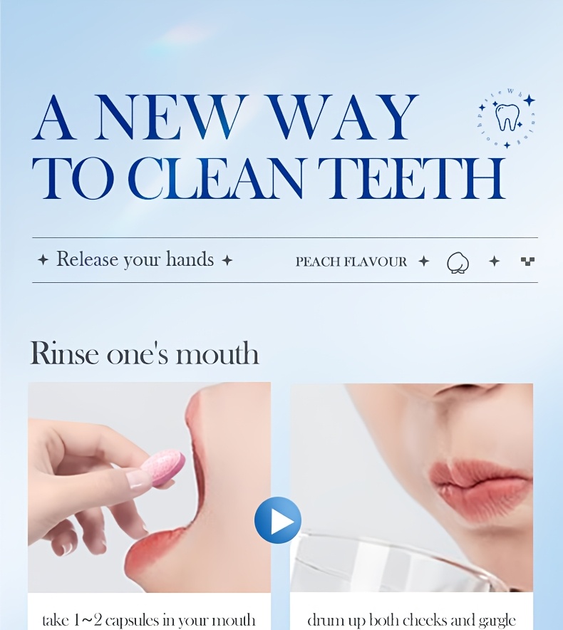 Peach Whitening Solid Toothpaste Tablets. Fresh breath, clean the mouth, and remove tooth stains by using this product. Brighten teeth.