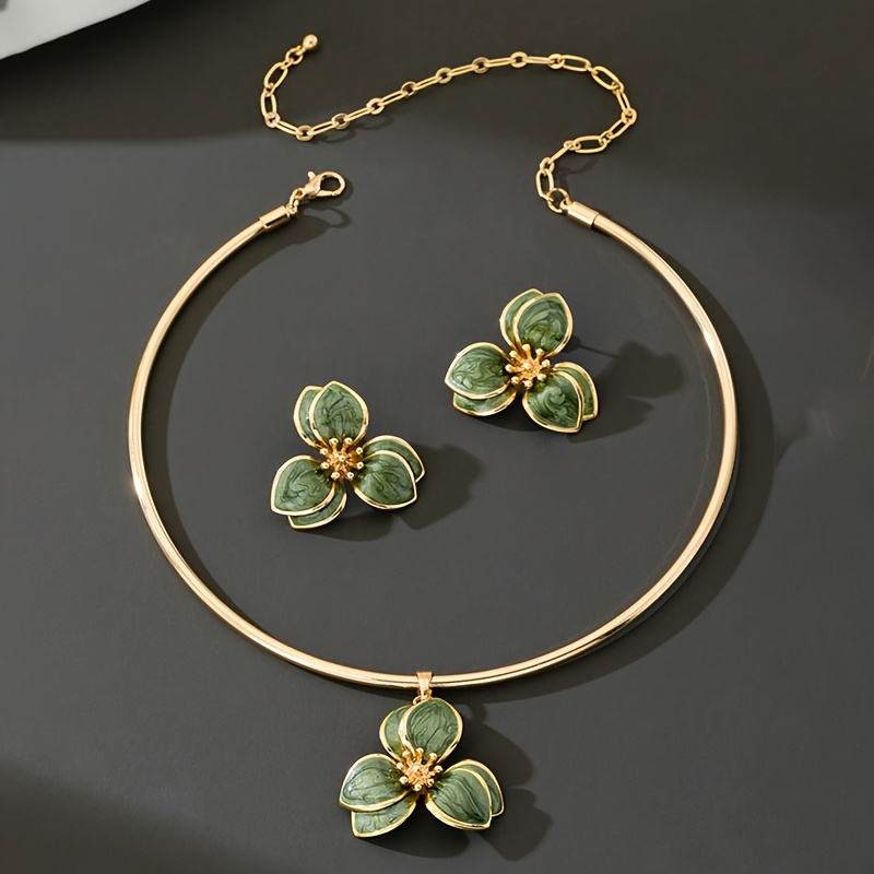 TEMU 2pcs Women's Jewelry Set 1pc Drop Floral Pendant Necklace Collar And 1 Pair Stud Earrings
