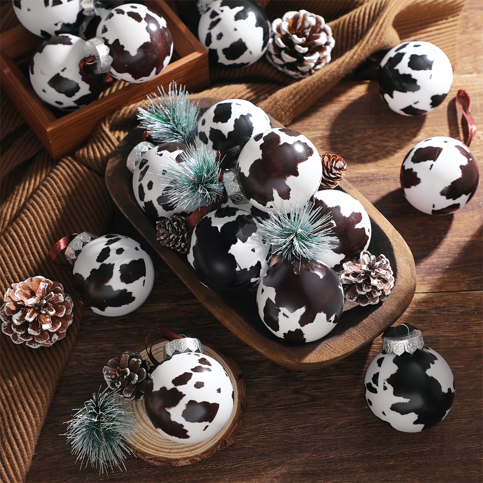 TEMU 24pcs Cowhide Printed Christmas Ball Ornaments Plastic Western Cow Ornaments Country Western Party Decorations Rustic Holiday Baubles For Gift