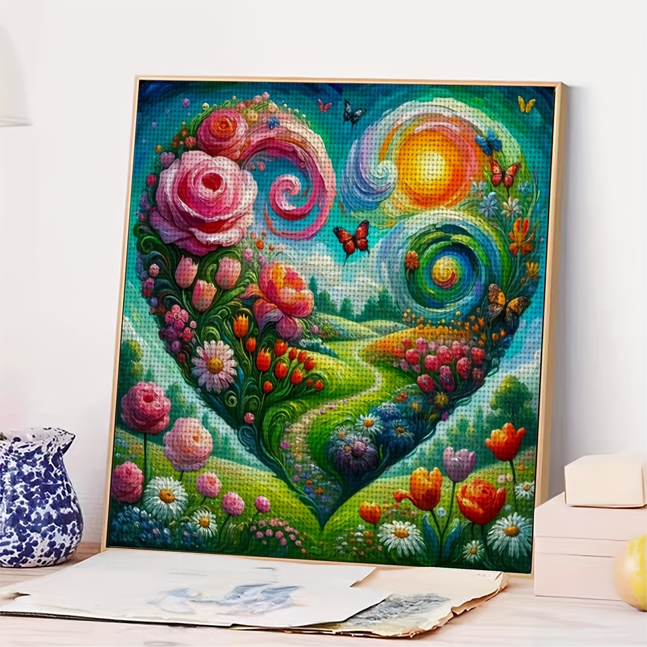 Printed DIY Cross Stitch Kit, Frameless, Heart-Shaped Floral Sea