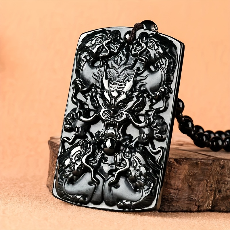 Natural Dark Green Five Dragons Blessing Pendant Necklace