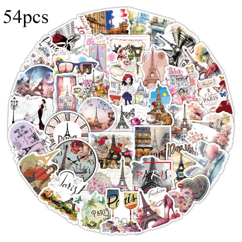 E-shop 54 Stück Paris Frankreich Aufkleber – Eiffelturm, Französische Wahrzeichen, Aquarell-Pariser Dekore für Scrapbooking, Journaling, Laptop, Handy,
