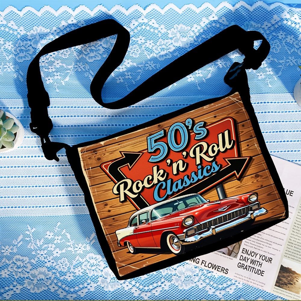 TEMU 1pc Vintage Rock N Roll Classic Car Print Women's Shoulder Bag 50s Retro Style With Adjustable Strap For Casual Music Festivals And Daily