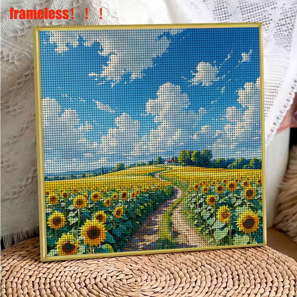 DIY Cross-Stitch Printed Kit, Sunflower Field Path and Blue Sky