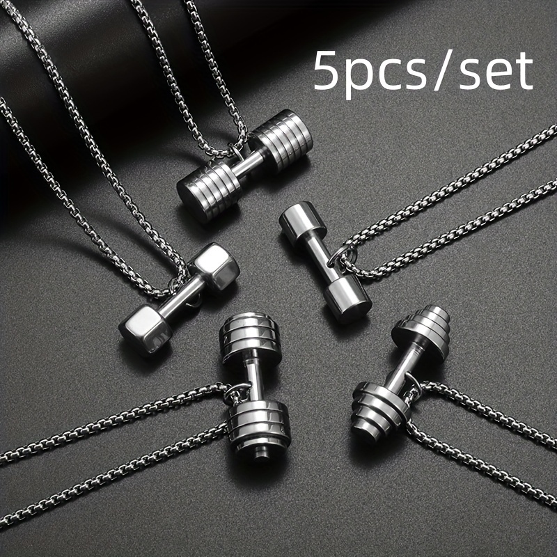 

5pcs/set Stainless Steel Barbell Pendant Weightlifting Bodybuilding Gym Equipment Necklace For Men Women Fashion Casual Sports Jewelry