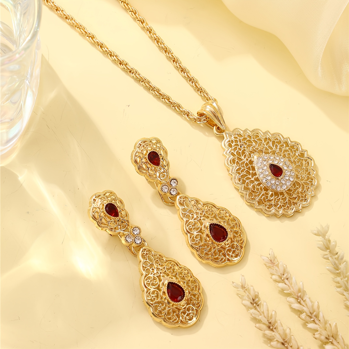 TEMU 2pcs Women's Jewelry Set, Vintage Middle Eastern Arabian Style Rhinestone Inlaid Alloy Hollow Necklace And Earring Set Suitable For Festive