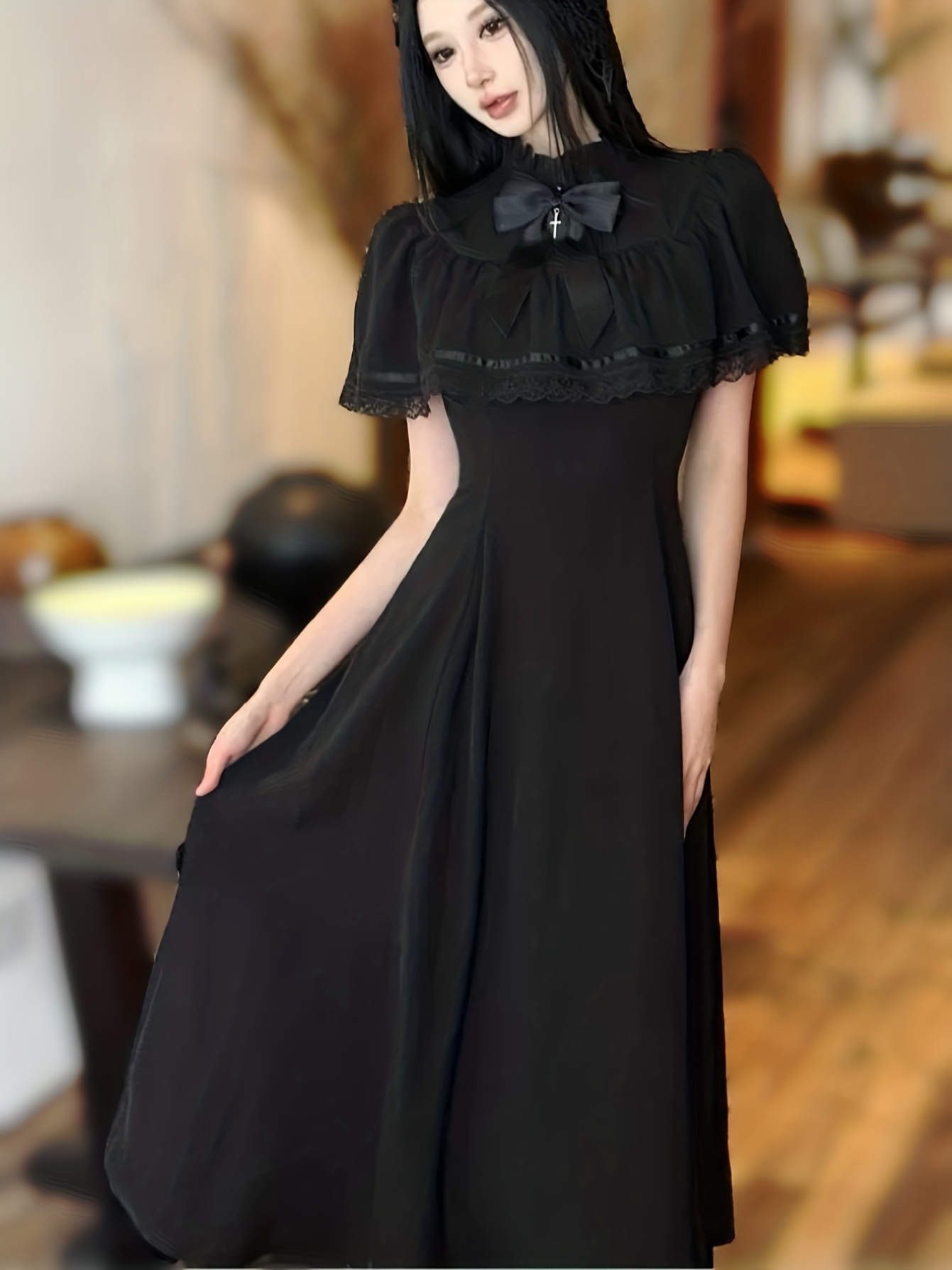 black lace dress halloween Black As Night Witch Vampire Gothic Lace Dress Halloween Costume-STD